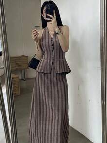 DAZY 女士夏季休闲通勤条纹露背吊带上衣和半身裙两件套 - 藍色 - 查看 3