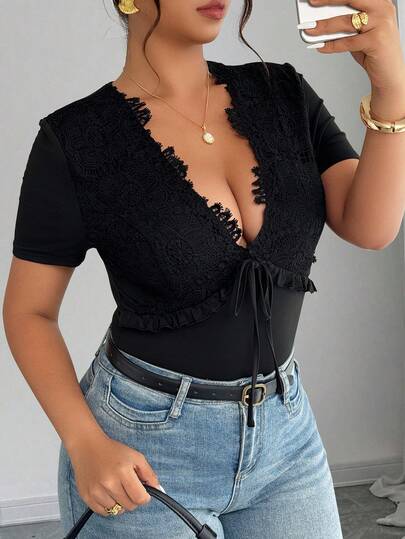 Elenzga Plus Size Women's Lace Trim Ruffle V-Neck Short Sleeve Bodysuit, Casual Vacation Daily Wear