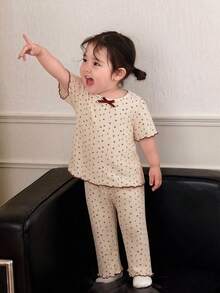 DAZY 2件套女婴圆领印花韩版蝴蝶结长袖上衣和裤子睡衣套装 - 杏色 - 查看 4