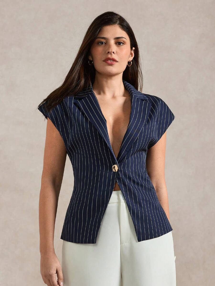 Briarwyn Women's Striped Lapel NeckSingle-Breasted Casual Blazer - Navy Blue - View 1