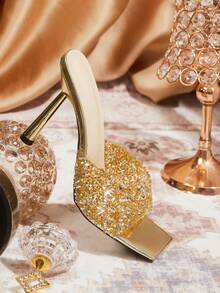 CUCCOO TILAWA High Heel Fashion Women's Rhinestone Slippers - Gold - View 3