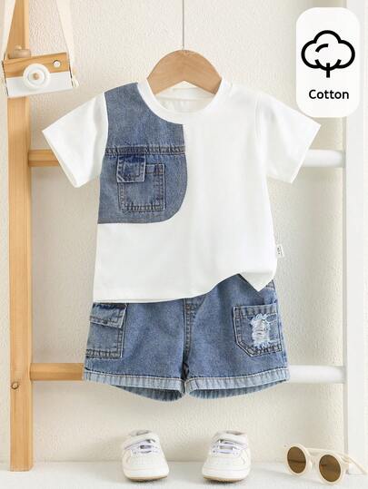 SHEIN 2pcs Baby Boy Denim Patchwork Crew Neck T-Shirt And Denim Pants Set, Casual Everyday Wear
