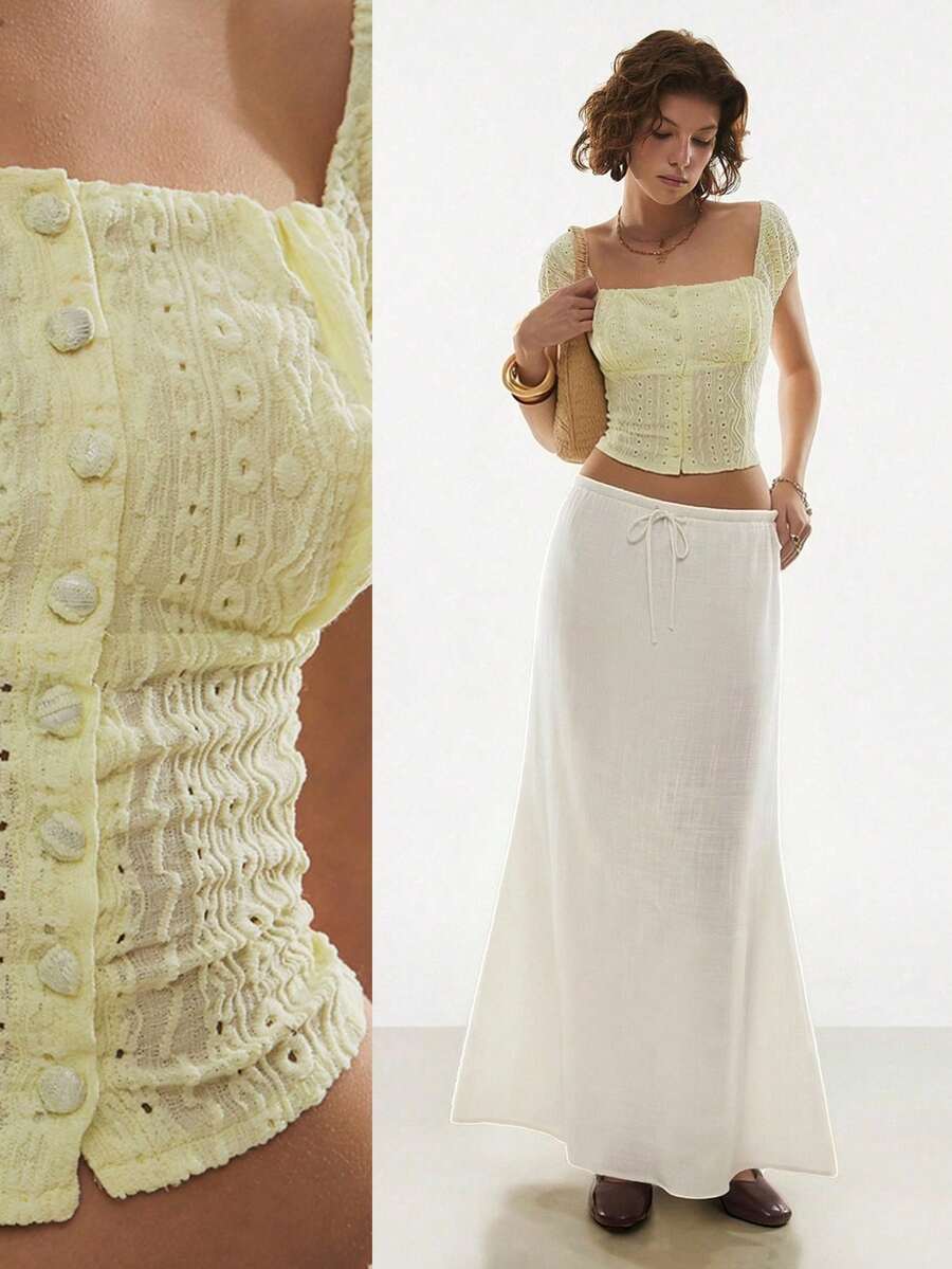 Poéselle Áo sơ mi nữ trơn màu, chất liệu có họa tiết, thích hợp mặc mùa hè. - Màu vàng ngỗng - Xem 1