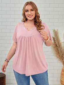 EMERY ROSE Áo thun tay ngắn cổ chữ V màu trơn dáng rộng, cỡ lớn, phong cách thường ngày, mùa hè. - Hồng - Xem 1