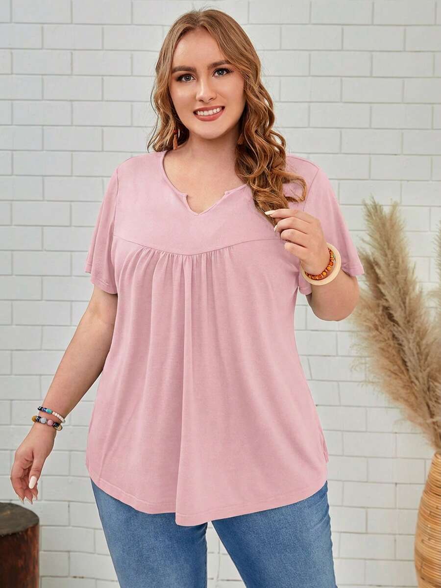 EMERY ROSE Áo thun tay ngắn cổ chữ V màu trơn dáng rộng, cỡ lớn, phong cách thường ngày, mùa hè. - Hồng - Xem 1