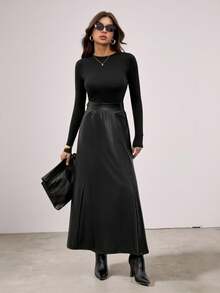SHEIN Tall Chân váy dài bằng da PU thanh lịch dành cho nữ, chân váy giả da bất đối xứng cho mùa thu/đông. - màu đen - Xem 5