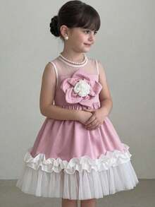 SHEIN Young Girl Floral 3D Mesh Patchwork Princess Dress - Pink - View 3