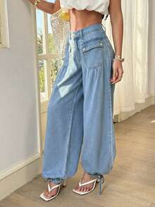 Breezaya 女士度假休闲水洗抽绳腰牛仔裤 - 藍色 - 查看 1