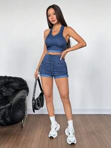 SHEIN PETITE Women's Casual Halter Top And Denim Shorts Set, Summer - Dark Wash - View 4
