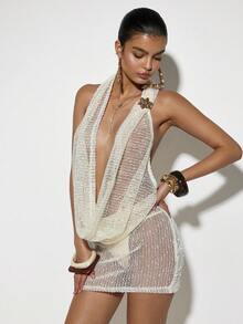 Coolane Women's Spring/Summer Chic Y2K Vacation Outfits Sequin Mesh White Cowl Neck Mini Dress - Apricot - View 3