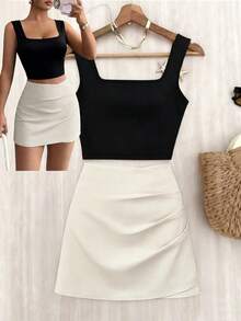 GlowEve New Set: Black Square Neck Wide Strap Camisole Tank Top + High Waist Pleated A-Line Skirt, Fashionable Summer Outfit For Women - Multicolor - View 1