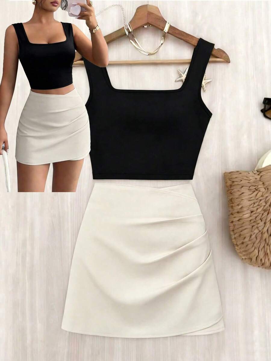 GlowEve New Set: Black Square Neck Wide Strap Camisole Tank Top + High Waist Pleated A-Line Skirt, Fashionable Summer Outfit For Women - Multicolor - View 1