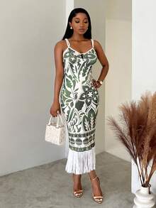 SHEIN BamGlam Sexy Suspender Hollowed Out Seaside Vacation Style Dress - Green - View 3