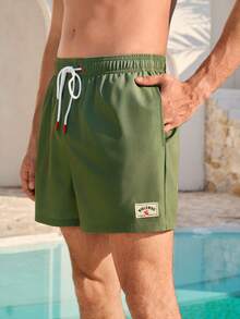 Manfinity KASUA Men's Summer Holiday Letter Patch Drawstring Waist Beach Shorts - Dark Grey - View 2