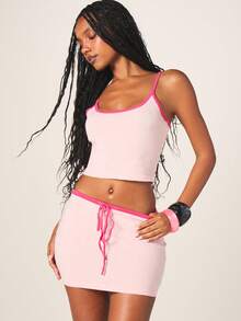 MISSGUIDED 女士两件套圆领露脐背心搭配高腰迷你紧身裙，罗纹面料，粉色撞色滚边，夏季休闲套装，弹力修身 - 粉色 - 查看 6