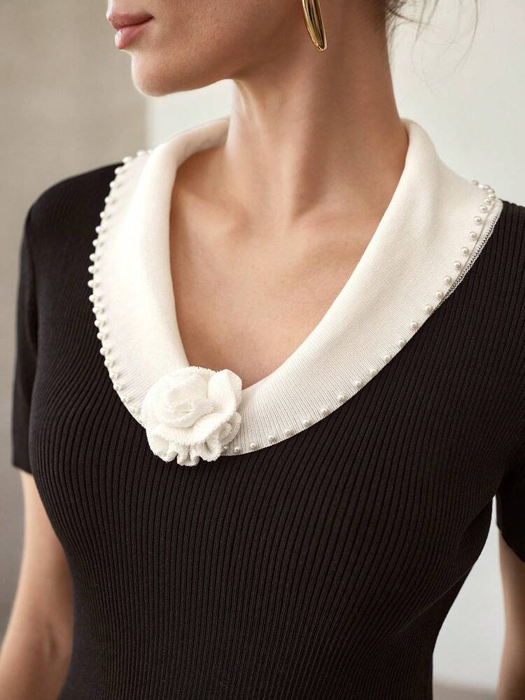 ELEGANT FITTED CONTRAST COLOR FAUX PEARL DECOR COLLAR VINTAGE SWEATER