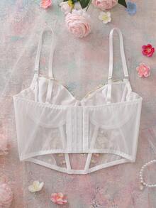 Women's Long Boned Shaping Embroidered Underwire Bra, Thin Cup, Fresh And Elegant Embroidered Camisole Bra - White - View 2