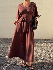 DAZY Đầm dài cổ chữ V màu trơn thanh lịch dành cho nữ, có thắt lưng, thích hợp cho mùa hè, dự tiệc cưới, đầm hè. - Cà phê nâu - Xem 3