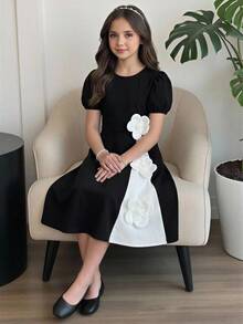 Girls' Retro Palace Style Black And White Color Block Puff Sleeve Dress With 3D Floral Decor,Elegant Formal Evening Party Summer Birthday Dress - Black - View 1