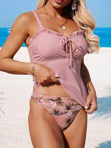 Swim Lushoire Đồ bơi tankini nữ mùa xuân/hè 2026 gợi cảm, trưởng thành, thanh lịch, lãng mạn, họa tiết cây nhiệt đới, cây dừa, hoa lá, xếp ly, có dây rút, nơ, ôm sát, mút ngực có thể tháo rời. - Hồng - Xem 8