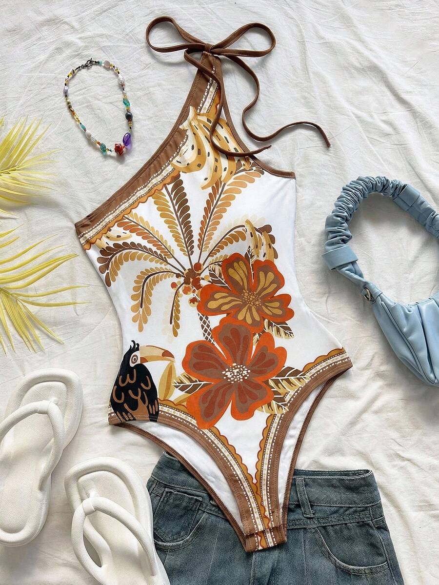 Soleia 新款休闲度假西部海滩婚礼宾客着装毕业早午餐女士圣帕特里克节春假复活节音乐节优雅波西米亚热带风情优雅巴西热带印花系带连体衣 - 棕色 - 查看 1