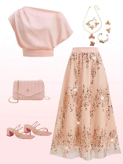 Ellevyn Women's Purple Asymmetric Collar Solid Color Cropped Waist Top T-Shirt Blouse + Sequin Hem A-Line Skirt Set, Elegant For Daily, Vacation, Commute, Spring/Summer Asymmetrical Shoulder Top, Short-Sleeve Blouse, Pink, Sequin Midi Skirt, Elegant Everyday Wear, Spring And Summer Women's Clothing, Women's Two-Piece Set, A-Line Long Midi Skirt Elegant Summer Outfits Anniversary Outfit For Women Elegant Outfit Birthday Outfit Women Sequin Skirt Outfit