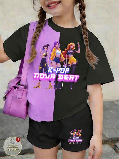 Set casual di maglietta a maniche corte e pantaloncini con stampa grafica stile KPOP per ragazze