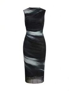 Gownix Women's Sleeveless Pleated Printed Mesh Knit Dress, Summer Women Outfits Elegant Dresses Casual Classic - Black - View 2