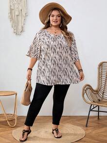 SHEIN CURVE+ Curve 尺码 US22 音乐节、海滨度假、波西米亚风女式圆领印花休闲百搭日常衬衫 - 米色 - 查看 6