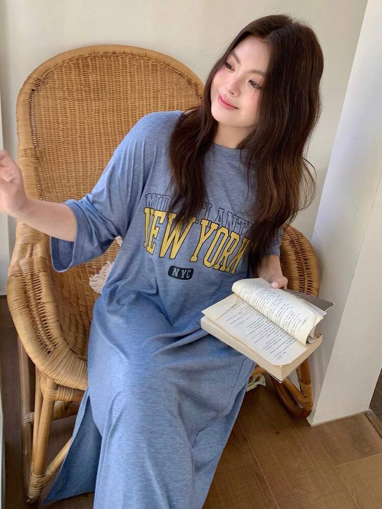 Dazy Plus Letter Print Slit Hem Loose Long Nightgown Dress, Plus Size Women Home Wear, Spring & Summer