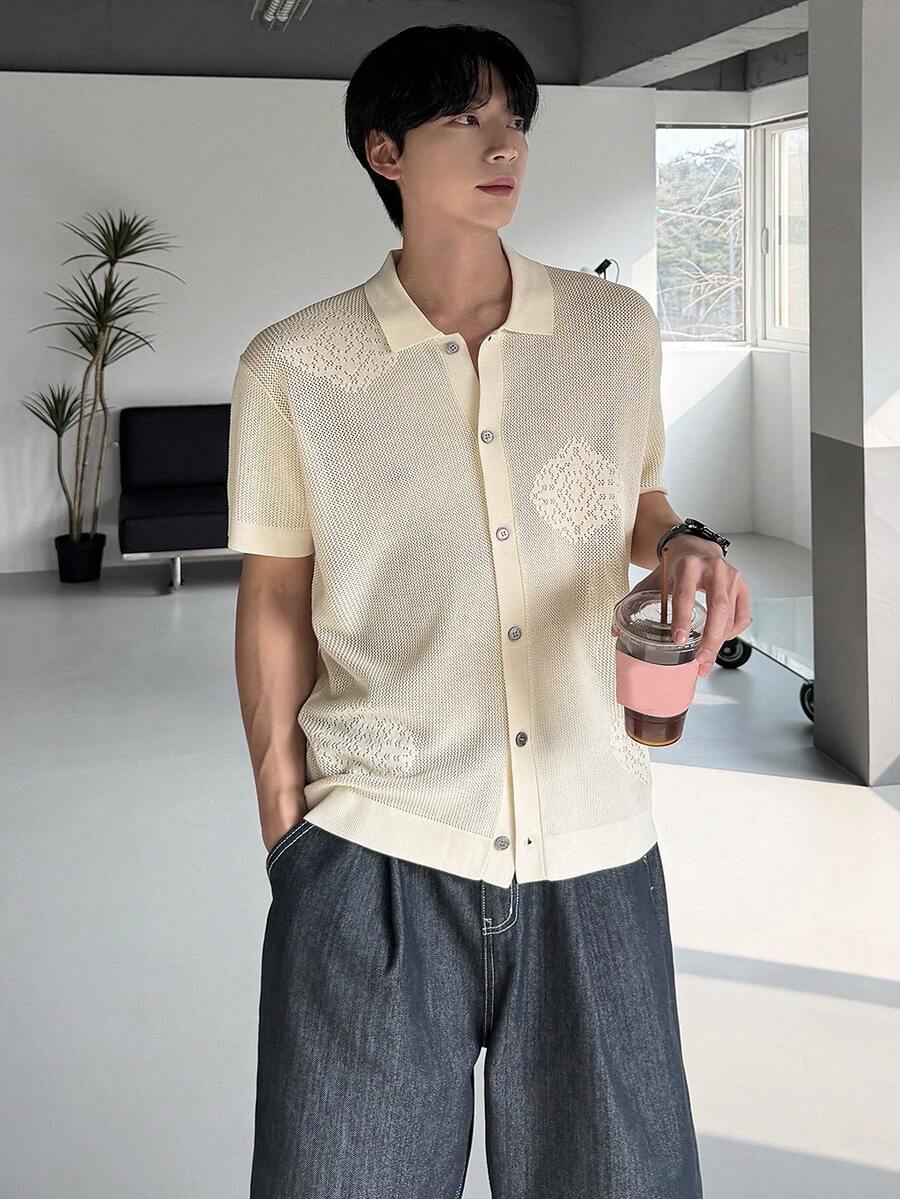 Men's White Jacquard Short Sleeve Knit Top, Summer - White - View 1