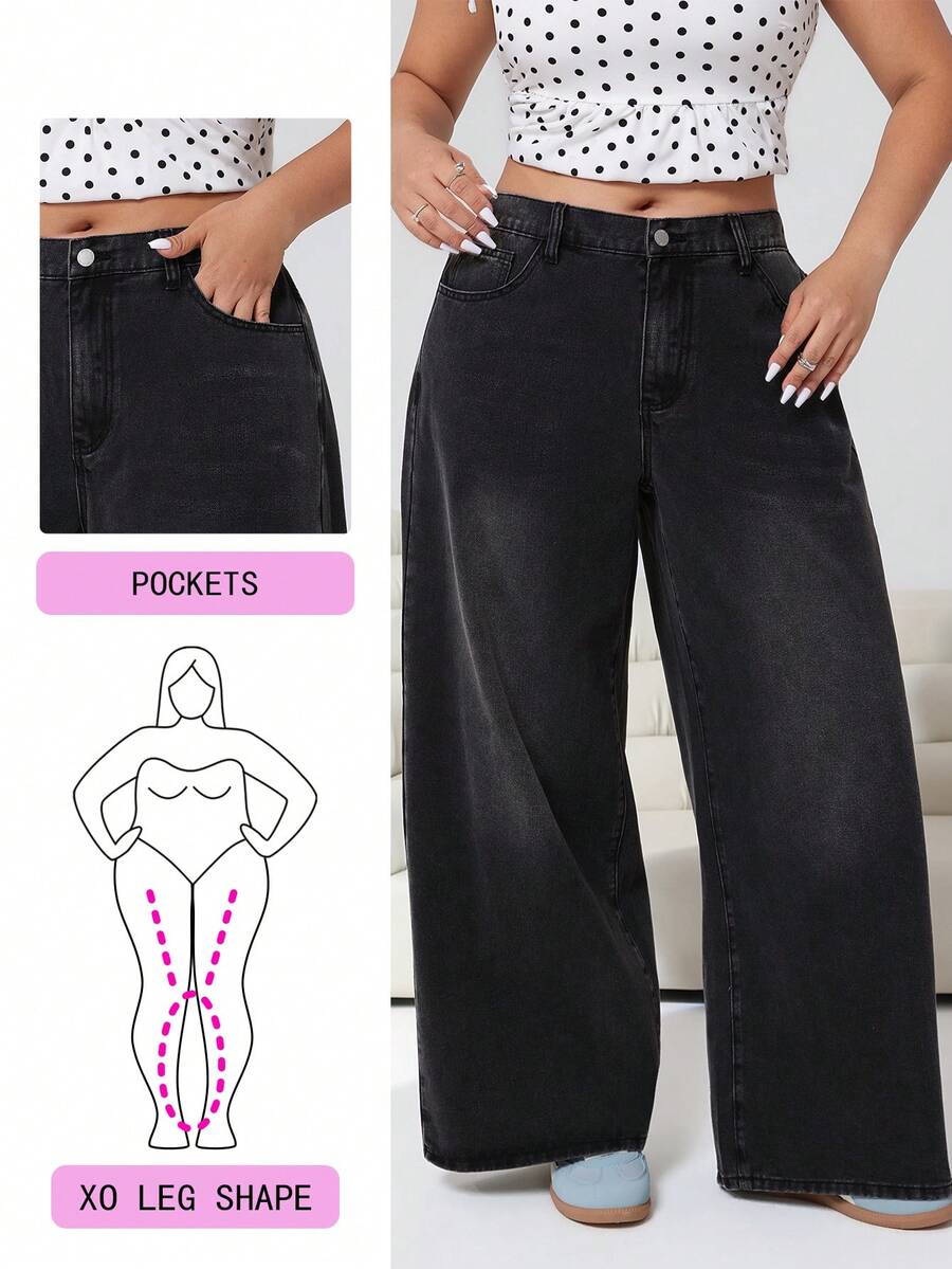 Solflare Plus Size Women's Solid Color Belted Loose Straight Leg Jeans, Spring/Summer,Carnival Women Look 2026,Going Out Outfits, Holiday Outfits, Casual - Blue - View 1