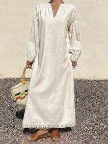 DAZY 优雅派对假日节日复活节圆领蕾丝宽松插肩袖中长连衣裙，女士夏季款 - 卡其色 - 查看 3