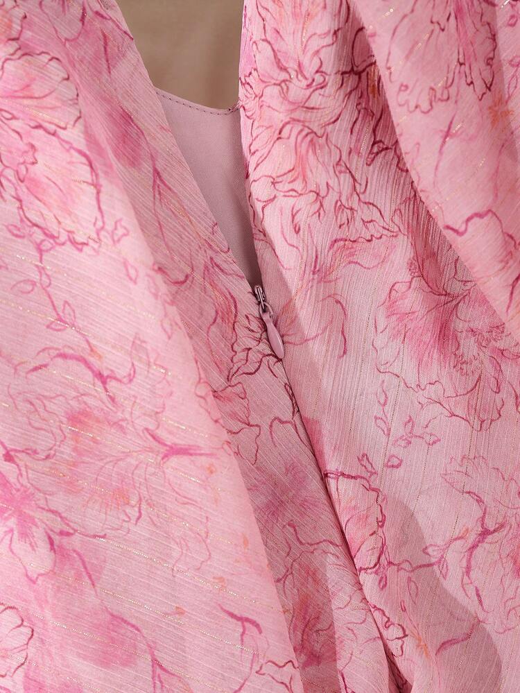 Pink Floral Print Elegant Party Wedding Guest Waist Cinched Dress For Holiday Sundress