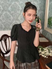 DAZY Tween Girl Solid Color V-Neck Lace Casual Versatile Daily Wear Petal Sleeve Blouse - Black - View 6