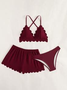 Swim Mod Bộ bikini gợi cảm màu đỏ tía buộc dây cổ dành cho nữ mùa hè, kèm váy ngắn. - Màu đỏ tím - Xem 5