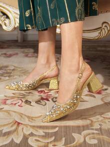 CUCCOO TILAWA Women's Cloth Square And Glass Rhinestone Decorative Pointed Women's High-Heeled Shoes, Suitable For Going Out, Banquets, Parties And Other Activities - Gold - View 4