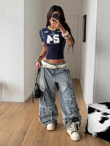 Coolane Women's Spring/Summer Streetwear Chic Y2K Daily Wear Number Pattern Navy Blue Short Sleeve T-Shirt - Navy Blue - View 2