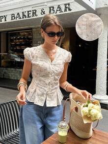 Serisse Áo nữ mùa hè họa tiết hoa nhí, kiểu dáng retro Pháp, phối ren hoa, tay ngắn, ôm sát, cổ chữ V, thắt eo, cài cúc phía trước, kiểu dáng mới in hoa, thích hợp cho kỳ nghỉ hè, du lịch, phong cách boho, thanh lịch. - Nhiều màu - Xem 6