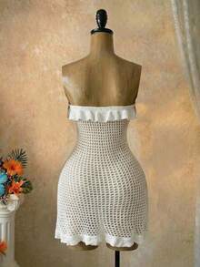 Lyxana Women's Solid Color Ruffle Hem Hollow Out Knitted Dress - White - View 2