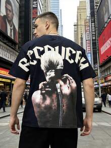 Manfinity Roghcode 男士休闲图案字母印花T恤，夏季 - 彩色 - 查看 2