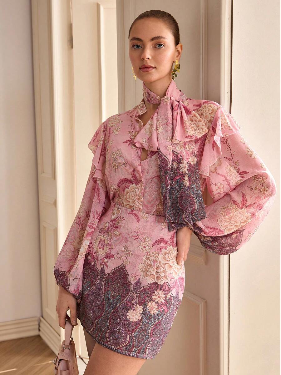 Women's Romantic Floral Print Tie Neck Lantern Sleeve Cardigan And Skirt 2-Piece Set - Pink - View 1