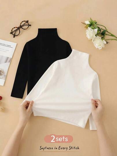 SHEIN Genkimix Kids 少女2入組實色高領t恤