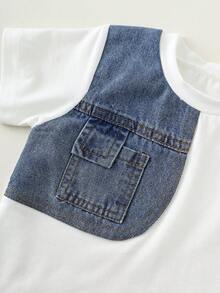 SHEIN 2pcs Baby Boy Denim Patchwork Crew Neck T-Shirt And Denim Pants Set, Casual Everyday Wear - Multicolor - View 5