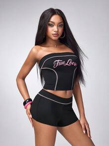 Y2Kool Maria Clara Maia Women's Casual Sexy Fashion Street Letter Print Contrast Stitch Cropped Tube Top And Shorts Sports Suit, Summer Club Night Hot Pink Black - Black - View 4