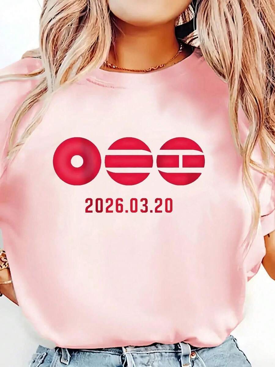 2026 Event-Related Merchandise Graphic T-Shirt - Fashionable Women's Casual Crew Neck Short Sleeve Top, Soft Polyester Blend, ALL Fashion Essential - Pink - View 1