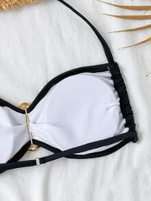 SHEIN 夏季新款少女泳装套装，简约个性百搭比基尼两件套，适合海滩泳池休闲度假，春夏款 - 黑色 - 查看 5