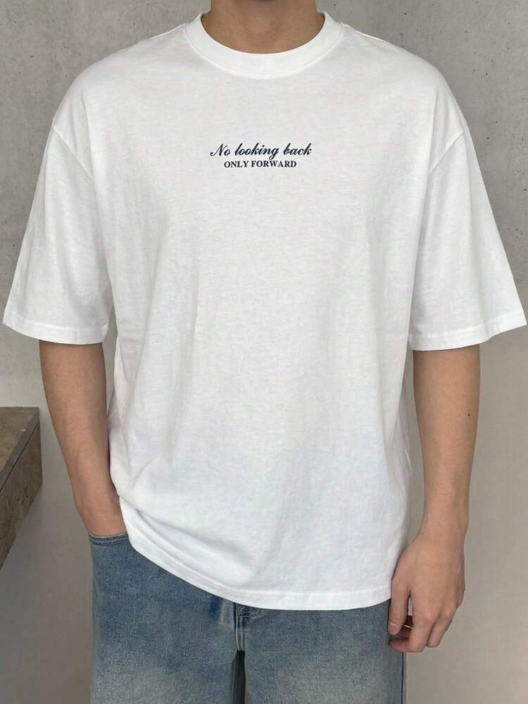 Men's White Short Sleeve T-Shirt With Letter Print, Summer