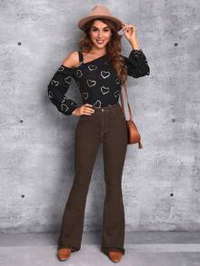 SHEIN Tall Quần jeans ống loe nữ có túi và cúc, kiểu dáng thường ngày, đa năng. - màu nâu - Xem 5