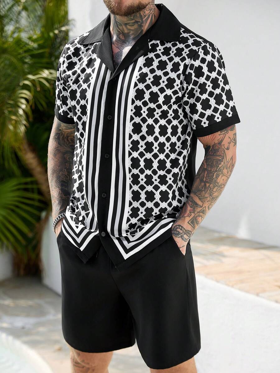 Manfinity CasualCool Bộ đồ nam thường ngày gồm áo sơ mi ngắn tay kẻ sọc hình học và quần short. - Nhiều màu - Xem 1